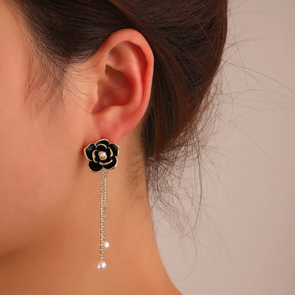 Retro Diamond Black Camellia Earrings Fashion Alloy Earrings