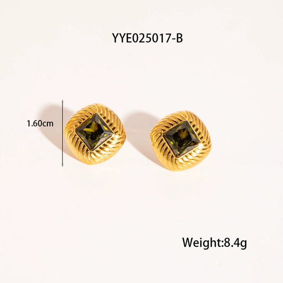 Retro Diamond Twill Zircon Pendant Necklace And Earrings Set For Women Stainless Steel Diamond Shaped Gemstone Pvd Furnace Vacuum Real Gold Plating