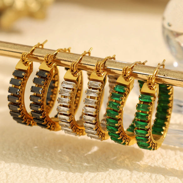 Retro Diamondencrusted Emerald 316L Stainless Steel Earrings With Electroplating For Women