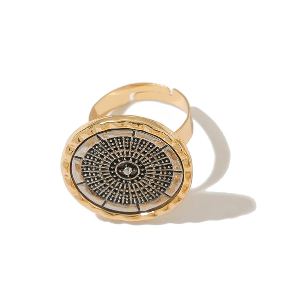 Retro Distressed Metal Round Ring With Geometric And Flower Pattern Electroplated