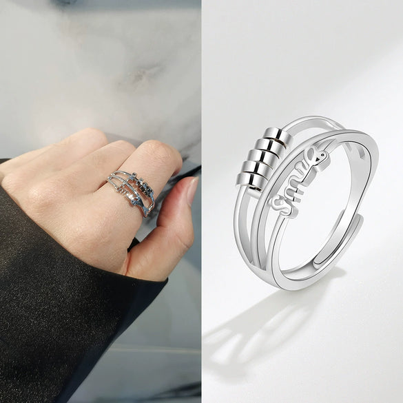 Retro Distressed Sterling Silver Geometric Anxiety Ring For Women Adjustable Open Ring Electroplated Jewelry