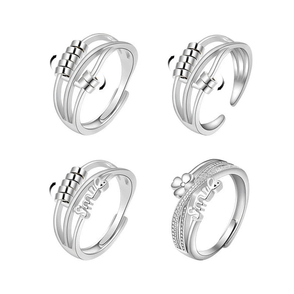 Retro Distressed Sterling Silver Geometric Anxiety Ring For Women Adjustable Open Ring Electroplated Jewelry