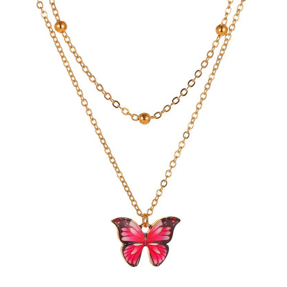 Retro Double Bead Butterfly Pendant Necklace Fashion Dream Color Butterfly Clavicle Chain Women