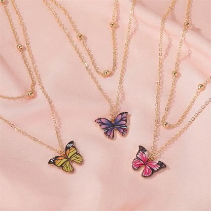 Retro Double Bead Butterfly Pendant Necklace Fashion Dream Color Butterfly Clavicle Chain Women