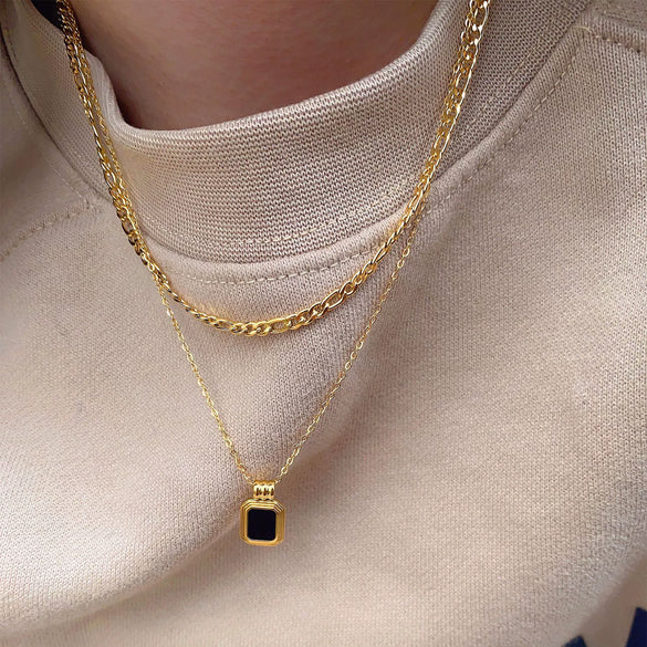 Retro Double Layer Turquoise Necklace With Geometric Square Pendant Stainless Steel Water Wave Chain Electroplated