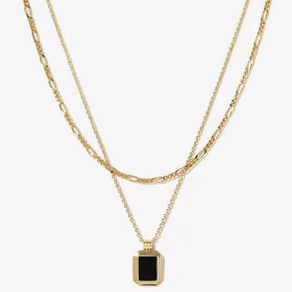 Retro Double Layer Turquoise Necklace With Geometric Square Pendant Stainless Steel Water Wave Chain Electroplated