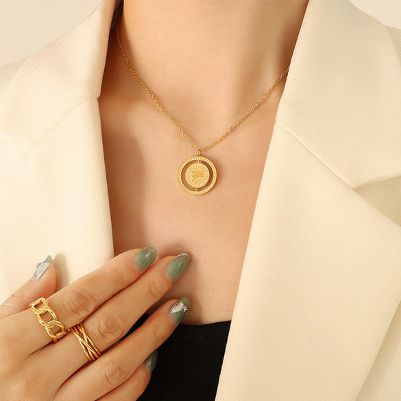 Retro Double Sided Pig Pendant Necklace Titanium Steel Gold Plated Geometric Collarbone Chain
