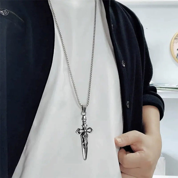 Retro Double Sword Cross Titanium Steel Pendant Necklace For Men With Electroplating Process And Animal Zodiac Pattern