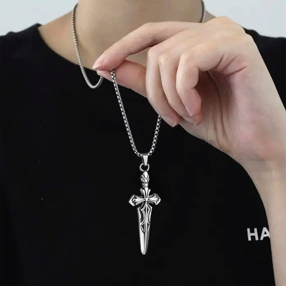 Retro Double Sword Cross Titanium Steel Pendant Necklace For Men With Electroplating Process And Animal Zodiac Pattern
