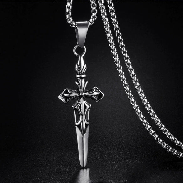 Retro Double Sword Cross Titanium Steel Pendant Necklace For Men With Electroplating Process And Animal Zodiac Pattern