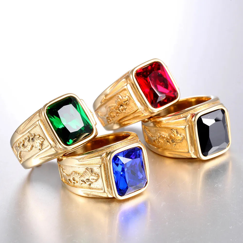 Retro Dragon Titanium Steel Inlay Glass Stone 18K Gold Plated Men'S Rings