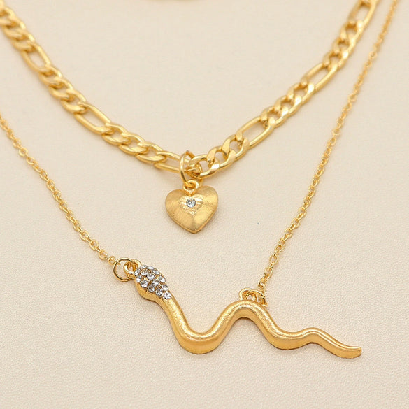 Retro Electroplated Alloy Snake Love Pendant Multilayer Cuban Chain Necklace With Colorful Diamond Detail