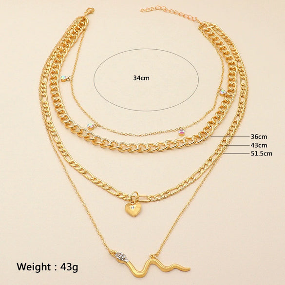 Retro Electroplated Alloy Snake Love Pendant Multilayer Cuban Chain Necklace With Colorful Diamond Detail