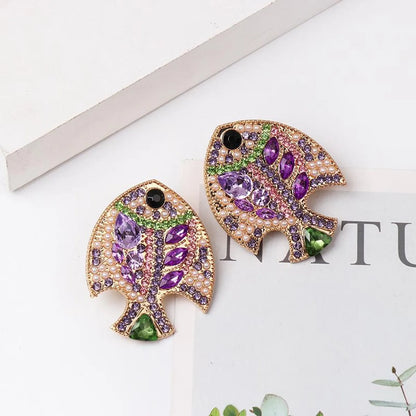 Retro Electroplated Crystal Studded Fish Stud Earrings Nhjj155435