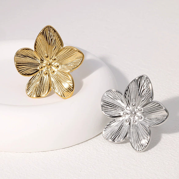 Retro Elegant Flower Open Ring Goldplated Stainless Steel For Women