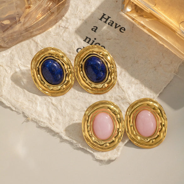 Retro Elegant Lapis Lazuli Natural Stone Earrings With Electroplating Geometric Shape High End Titanium Steel And Stainless Steel Accessories For Women