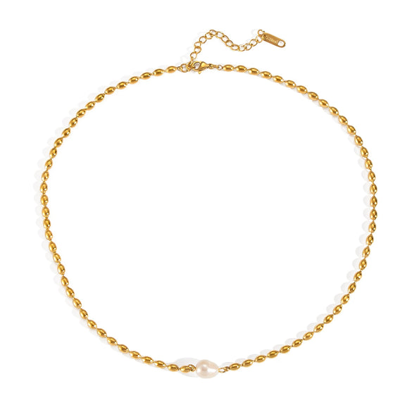 Retro Elegant Natural Freshwater Pearl Necklace For Girls In Stainless Steel And Titanium Steel With Geometric Pattern And Electroplating
