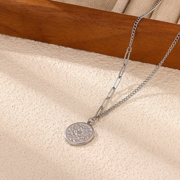 Retro Embossed Lotus Pendant Necklace For Women Gold Plated Geometric Round Pendant With Asymmetrical Titanium Steel Chain