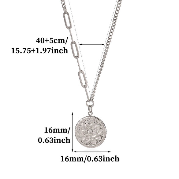 Retro Embossed Lotus Pendant Necklace For Women Gold Plated Geometric Round Pendant With Asymmetrical Titanium Steel Chain