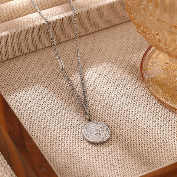 Retro Embossed Lotus Pendant Necklace For Women Gold Plated Geometric Round Pendant With Asymmetrical Titanium Steel Chain