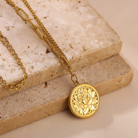 Retro Embossed Lotus Pendant Necklace For Women Gold Plated Geometric Round Pendant With Asymmetrical Titanium Steel Chain