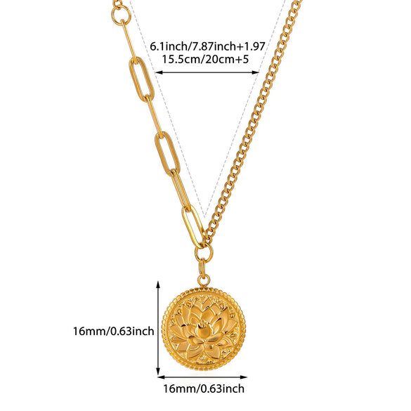 Retro Embossed Lotus Pendant Necklace For Women Gold Plated Geometric Round Pendant With Asymmetrical Titanium Steel Chain