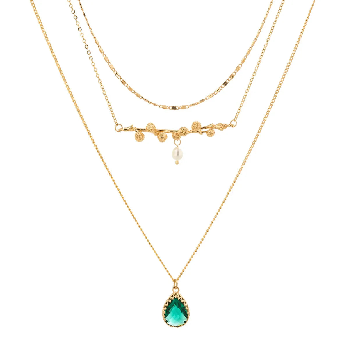 Retro Emerald Drop Pendant Geometric Multi-Layer Necklace