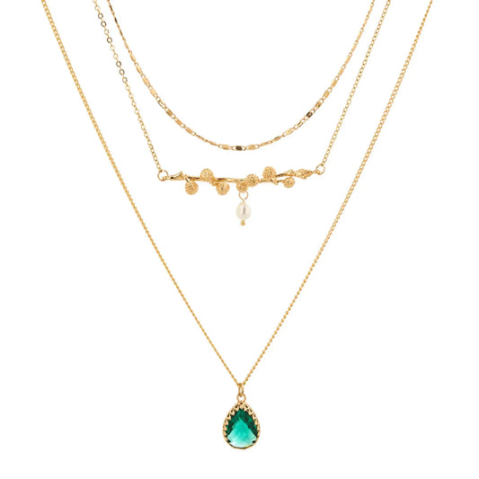 Retro Emerald Drop Pendant Geometric Multi-Layer Necklace