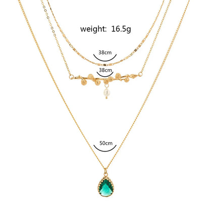 Retro Emerald Drop Pendant Geometric Multi-Layer Necklace