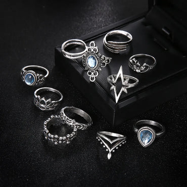 Retro Engraved Starry Gemstone Lotus Starlight Feather Ring 11-Piece Set