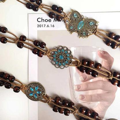 Retro Ethnic Style Bohemian Bow Knot Alloy Cotton And Linen Wax Rope Beaded Women'S Chain Belts