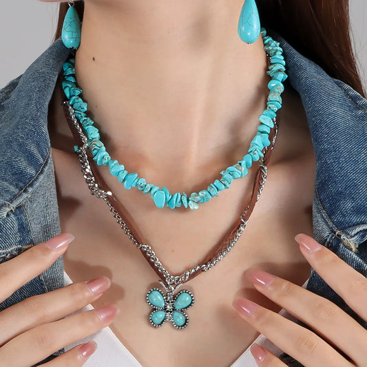 Retro Ethnic Style Butterfly Turquoise Iron Korean Velvet Wholesale Pendant Necklace