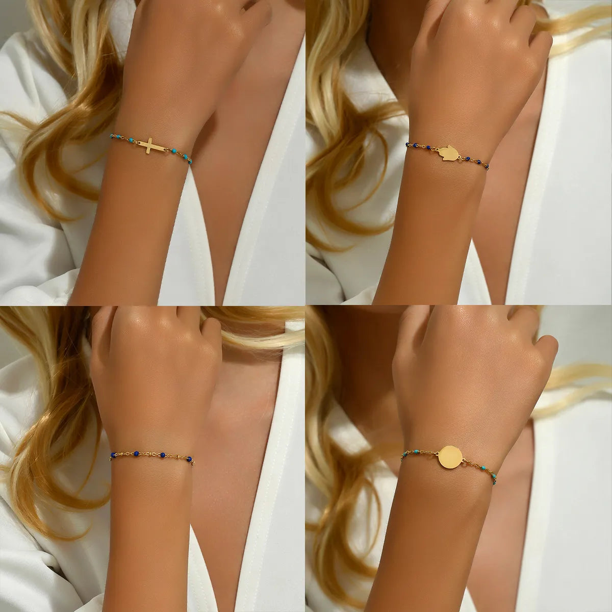 Retro Ethnic Style Commute Cross Round Palm Stainless Steel Plating 18k Gold Plated Bracelets