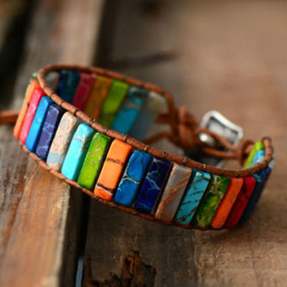 Retro Ethnic Style Geometric Color Block Pu Leather Natural Stone Beaded Braid Natural Stone Bracelets