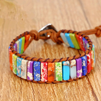 Retro Ethnic Style Geometric Color Block Pu Leather Natural Stone Beaded Braid Natural Stone Bracelets