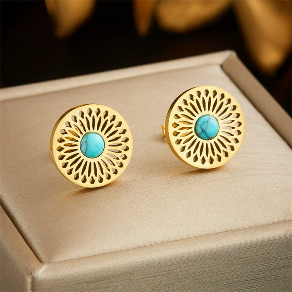 Retro Ethnic Style Hollow Turquoise Inlaid Stainless Steel Earrings Necklace Suit With Electroplating Geometric Style