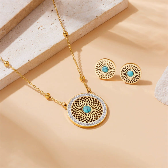 Retro Ethnic Style Hollow Turquoise Inlaid Stainless Steel Earrings Necklace Suit With Electroplating Geometric Style