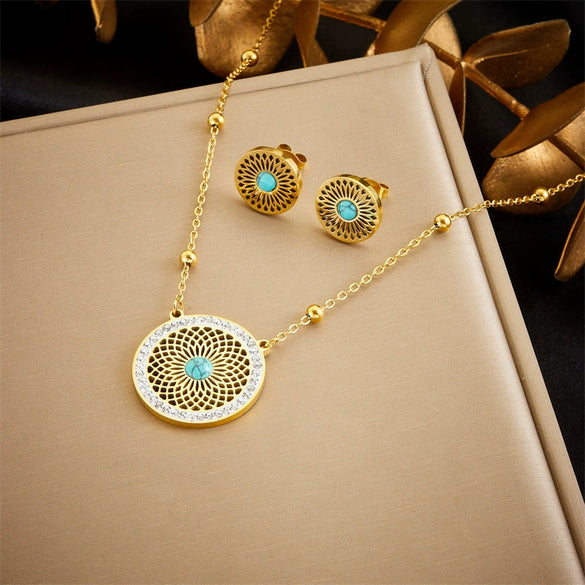 Retro Ethnic Style Hollow Turquoise Inlaid Stainless Steel Earrings Necklace Suit With Electroplating Geometric Style