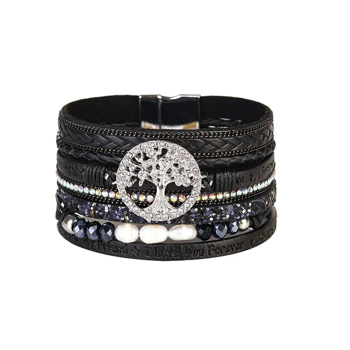 Retro Ethnic Style Life Tree Artificial Crystal Pu Leather Imitation Pearl Braid Women'S Bracelets