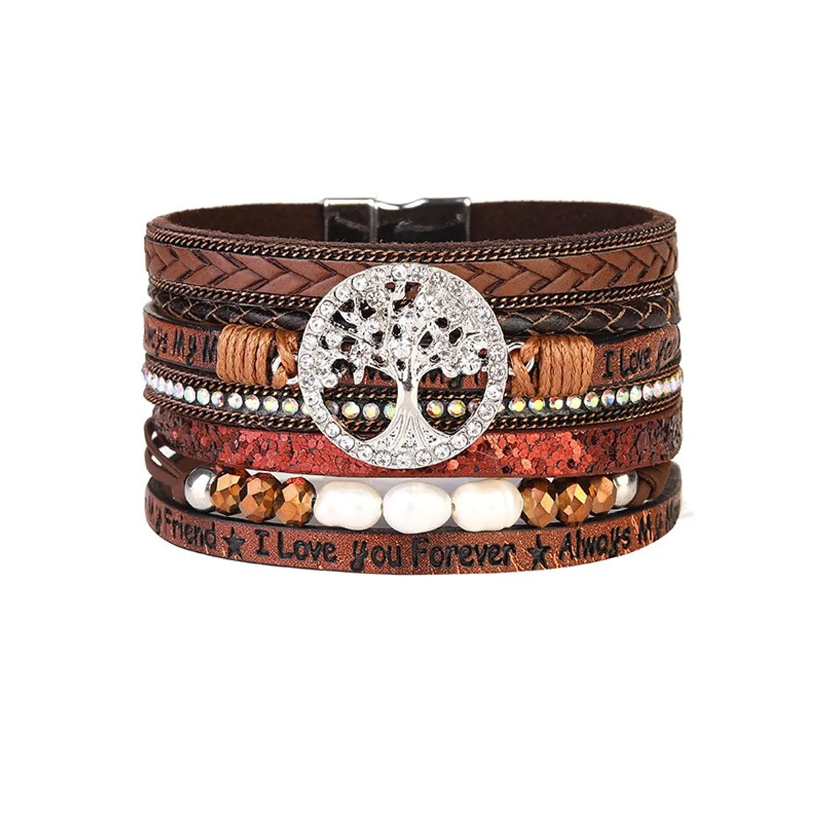 Retro Ethnic Style Life Tree Artificial Crystal Pu Leather Imitation Pearl Braid Women'S Bracelets