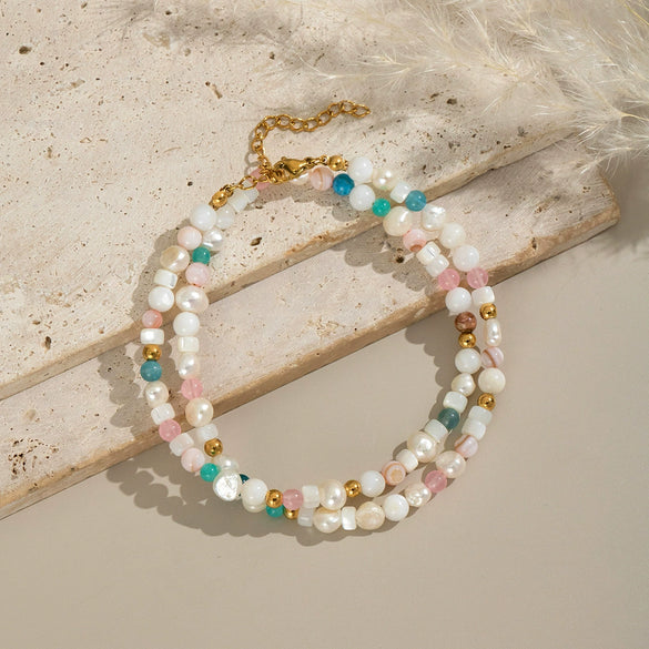 Retro Ethnic Style Natural Stone And Freshwater Pearl Beaded Chain Necklace For Women Made Of Stainless Steel With Electroplating Geometric Shape