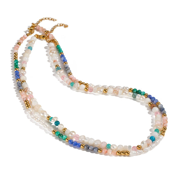 Retro Ethnic Style Natural Stone And Freshwater Pearl Beaded Chain Necklace For Women Made Of Stainless Steel With Electroplating Geometric Shape