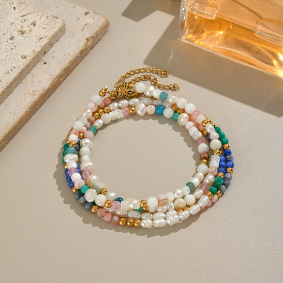 Retro Ethnic Style Natural Stone And Freshwater Pearl Beaded Chain Necklace For Women Made Of Stainless Steel With Electroplating Geometric Shape