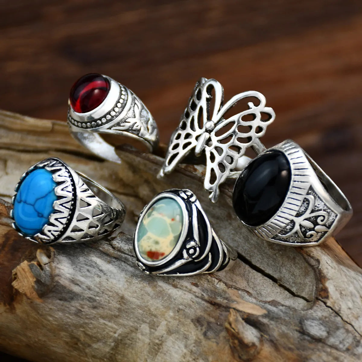 Retro Ethnic Style Oval Butterfly Alloy Plating Inlay Resin Women's Rings