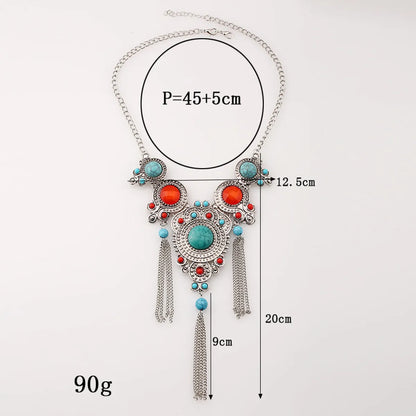 Retro Ethnic Style Round Alloy Tassel Inlay Gem Turquoise Women's Pendant Necklace Long Necklace