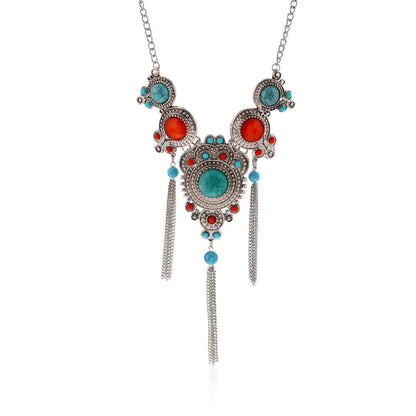 Retro Ethnic Style Round Alloy Tassel Inlay Gem Turquoise Women's Pendant Necklace Long Necklace