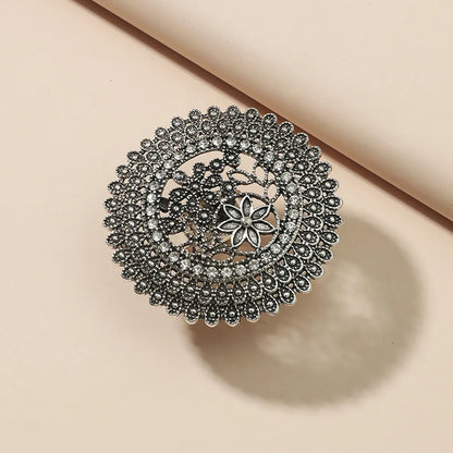 Retro Ethnic Style Round Flower Alloy Hollow Out Inlay Rhinestones Women's Open Rings