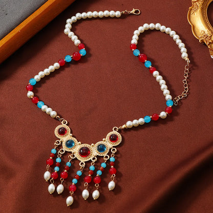 Retro Ethnic Style Round Tassel Alloy Beaded Plating Inlay Resin Gold Plated Women's Pendant Necklace