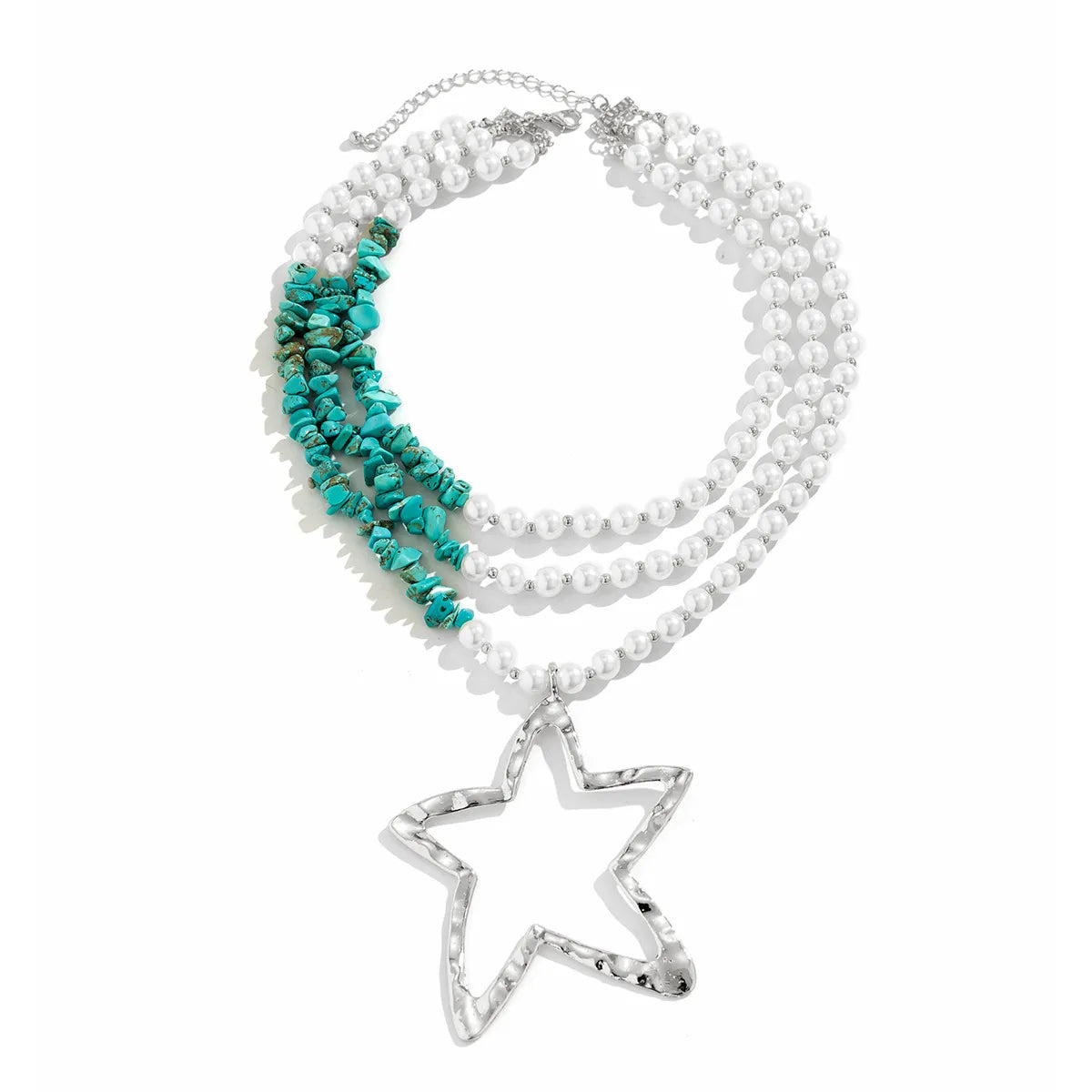 Retro Ethnic Style Star Artificial Pearl Alloy Turquoise Beaded Women'S Three Layer Necklace