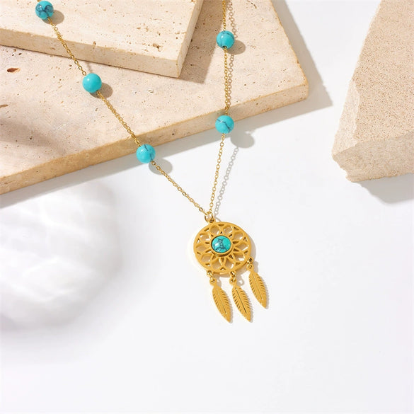 Retro Ethnic Style Turquoise Beaded Dream Catcher Pendant Necklace In Titanium Steel And Stainless Steel With Electroplating For Women